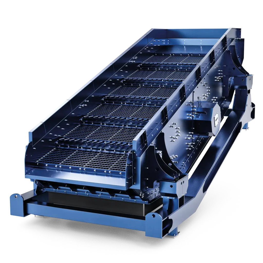 SPALECK Vibrationssiebmaschine Wertststoffsieb als Animation. Die Siebdecks werden modular auf das Material des Kunden angepasst. Die gezeigte Ausführung steht auf einen Gegenschwingrahmen.